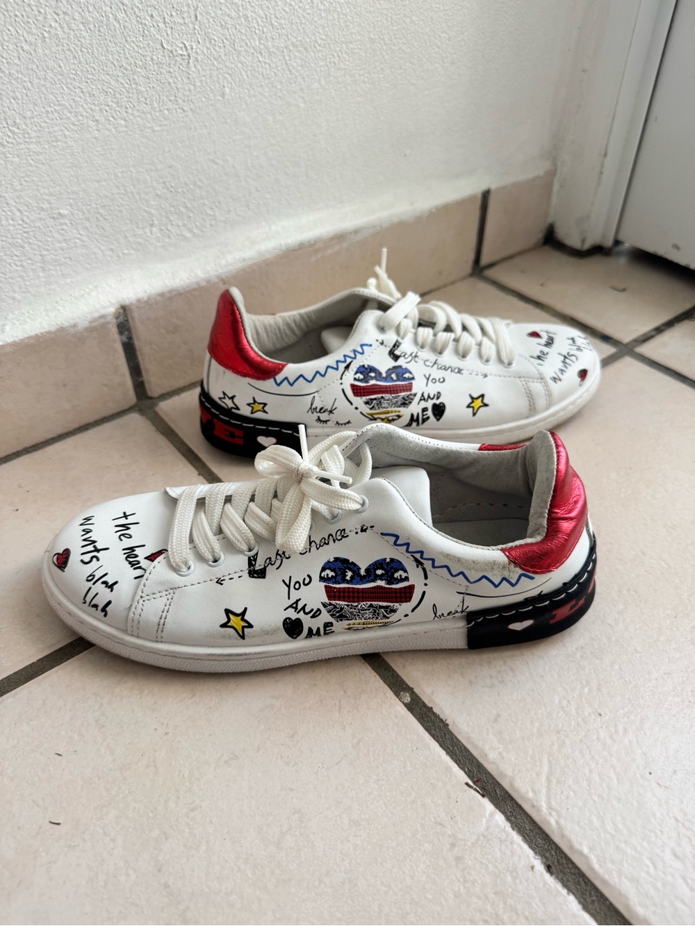 White Graphic Lace-Up Sneakers with Red Heel